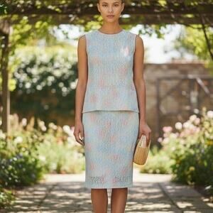 Diane Freis Silk Pastel Floral Skirt Suit Sz S Beaded Lined Lacey Vintage